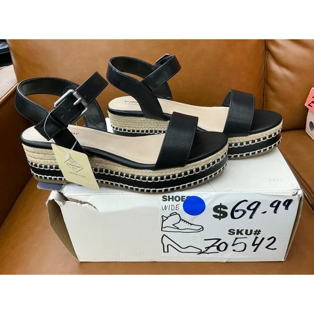 St. John's Bay Harold Platform Sandal Womens 7W Black New Espadrille Wedge